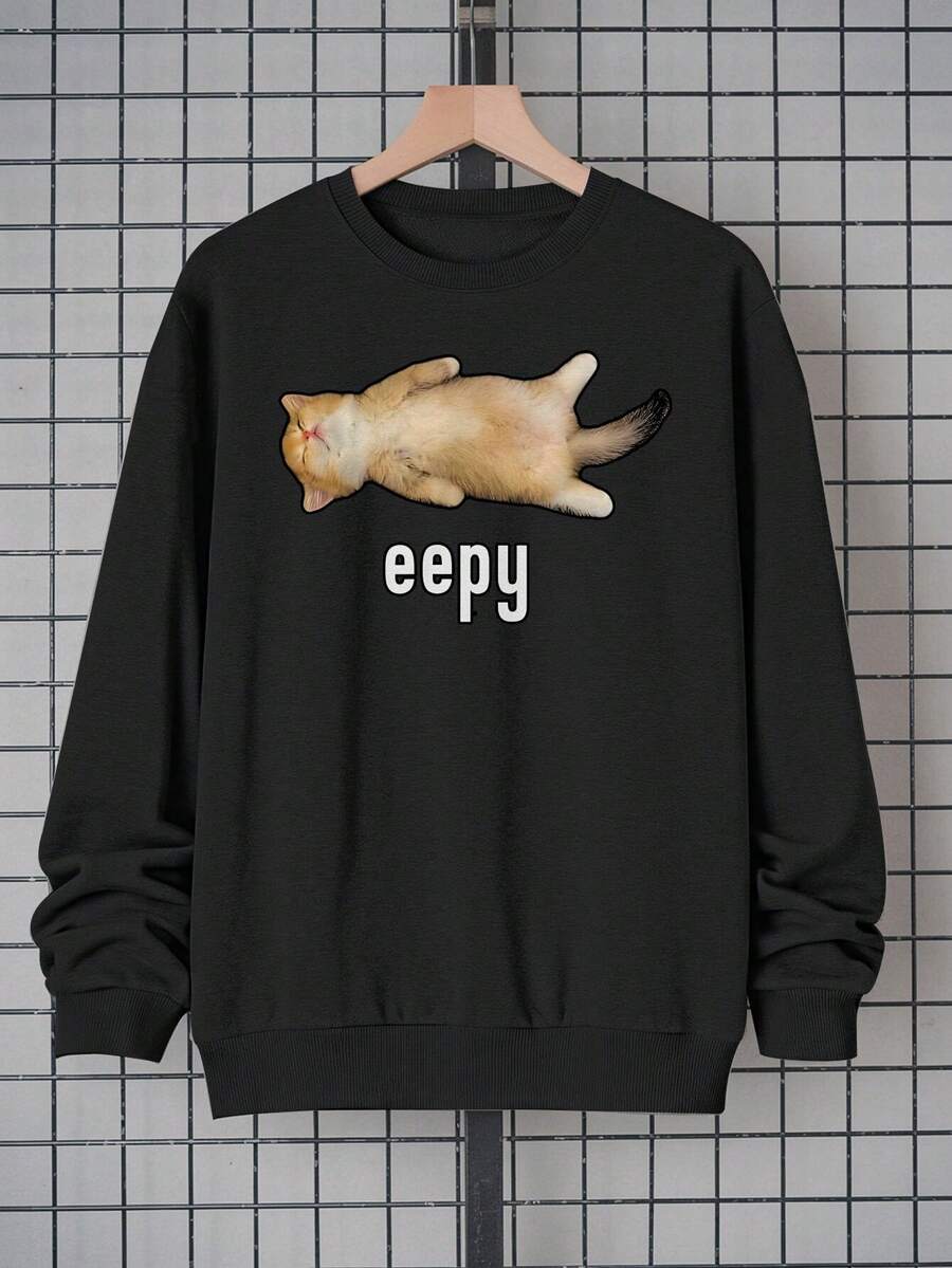 Sudadera Casual de Manga Larga para Hombre - Estilo Urbano, Cuello Redondo, con Estampado de Gato Negro y Texto 'Eep'.Fabricada en 100% de Tejido Lavable a Máquina, Diseñada para Comodidad Diaria y un Corte Entallado. - Oscuro - Ver 1