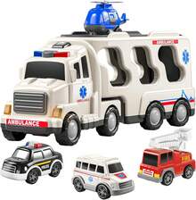 HENGPHY 5 In 1 Ambulance Vehicle Truck Toys For 3 4 5 6 Year Old Boys, Kids Carrier Friction Powered Cars With Light And Sound Helicopter, Fire Truck, Ambulance Car, Christmas Birthday Gifts For Age 3-9 Boys Girls - White - View 13