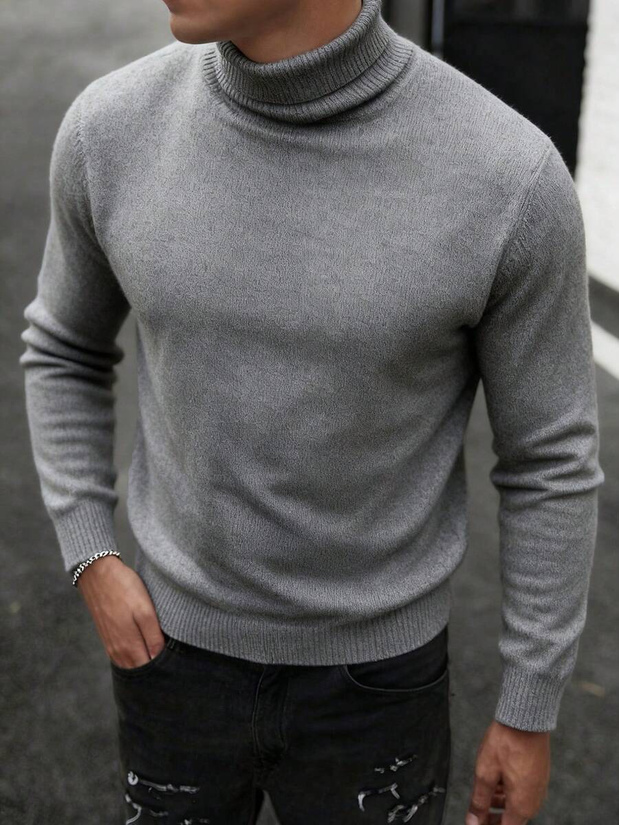 GRDR Men's Long Sleeve Turtleneck Knit Sweater, Versatile For Daily Wear - Light Grey - View 1