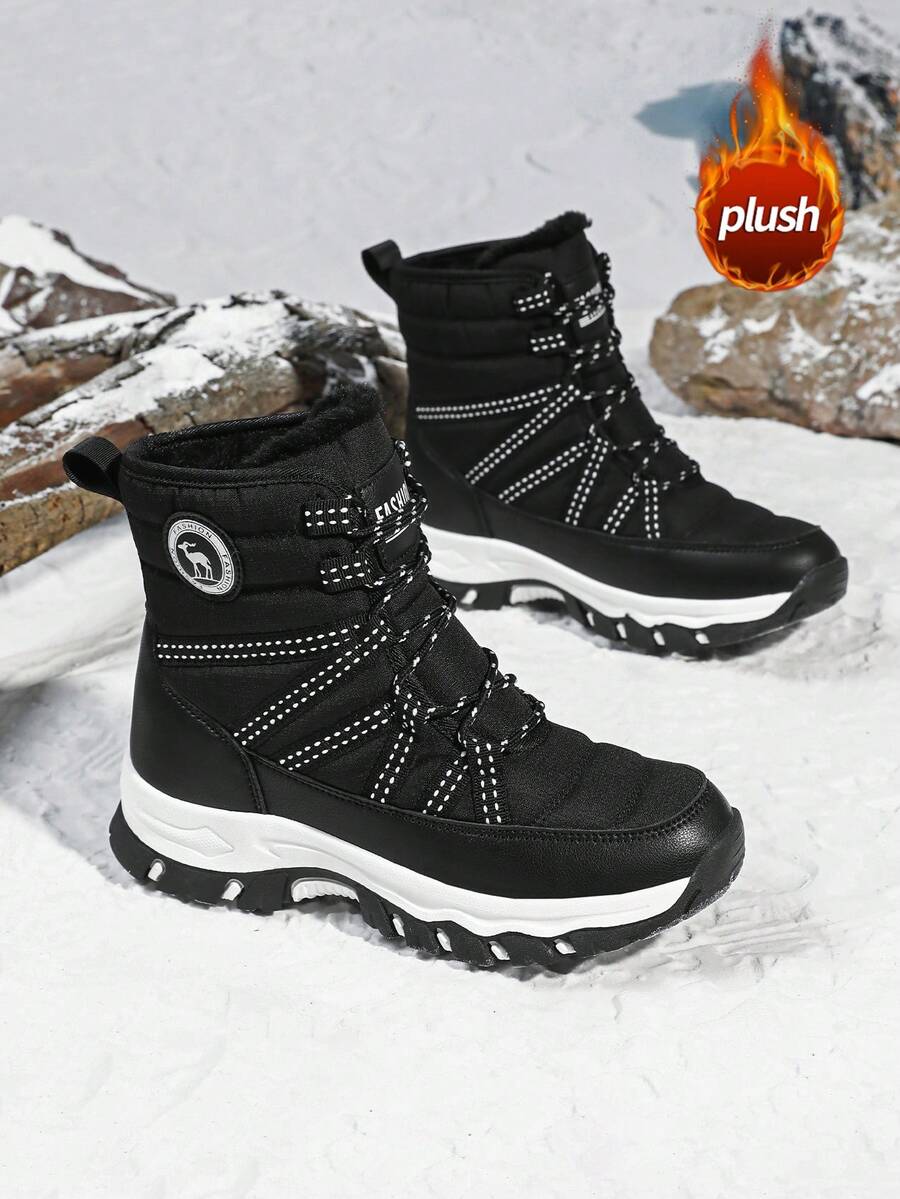 Botas de nieve para mujer resistentes al deslizamiento, al desgaste, gruesas y cálidas para exteriores, cómodas botas de senderismo de unicolor y de caña alta con forro de piel para otoño/invierno