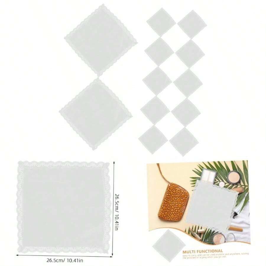 12piezas Pauelos De Algodn Para Mujeres Con Bordes De Encaje Elegantes y Suaves Perfectos Para Bodas y Fiestas De T Cuadrados Vintage - inicial - Ver 1