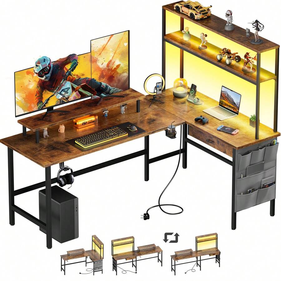HLONONE L-Shaped Computer Desk With LED Lighting And Power Outlet, 150/170 X 100 Cm, Reversible Corner Gaming Desk With Storage Compartments And Drawer, Computer Desk With Monitor Stand And Shelf, L-Shaped Set With 2 Desks And Storage Compartment, Available In 4 Colors - 查看 1