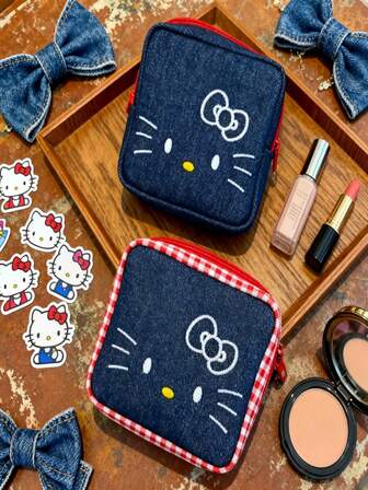 Sanrio 1个可爱卡通KT刺绣牛仔猫小化妆包，可收纳卫生巾和拍立得相机