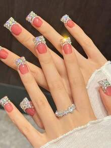 10 Pieces /Set, Press-On Nails Handcrafted High-End Quality Personalized Super Shiny Duckbill-Style Fake Nail Press Nails, Decorated With 3D Flowers And Rhinestones, Suitable For Ladies And Girls, Perfect For Parties, Dates And Vacations. The Product Is Suitable For Gluing. Change The Shape Of The Nails. Nail Care Products. Nail Art Tools. A Beginner In Manicure. - 無色 - 查看 2