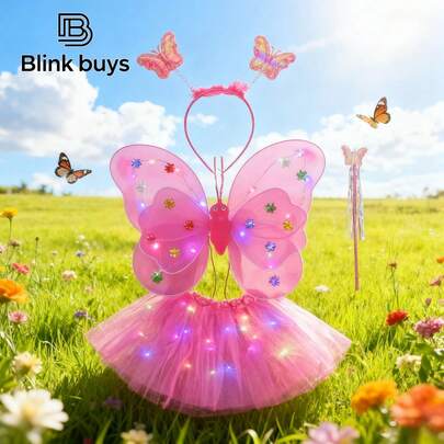 Regalo para el Día del Niño, Regalo de cumpleaños para niñas, Regalo de Navidad, Alas de mariposa para niñas, incluye falda, varita, diadema y alas con luces, Alas de mariposa luminosas para niñas (accesorio para la espalda), juguete brillante para niños: Varita mágica de hada maravillosa / Varita de hada de las flores, conjunto de 4 piezas, traje para actuaciones en el Día del Niño, serie de mariposas, alas de ángel cartoon y adorables, juego de 4 piezas.