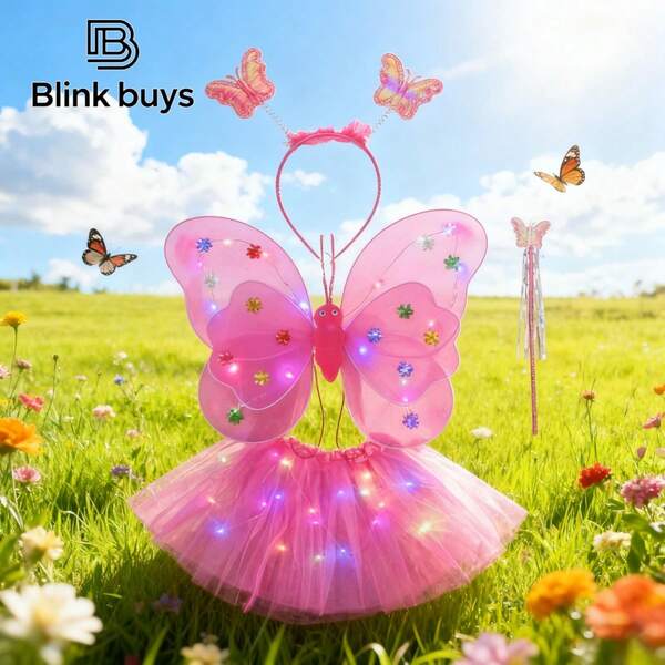 Regalo para el Día del Niño, Regalo de cumpleaños para niñas, Regalo de Navidad, Alas de mariposa para niñas, incluye falda, varita, diadema y alas con luces, Alas de mariposa luminosas para niñas (accesorio para la espalda), juguete brillante para niños: Varita mágica de hada maravillosa / Varita de hada de las flores, conjunto de 4 piezas, traje para actuaciones en el Día del Niño, serie de mariposas, alas de ángel cartoon y adorables, juego de 4 piezas.