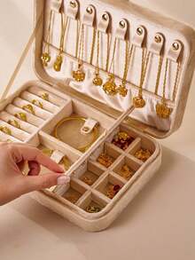 1pc Premium Velvet Zipper Jewelry Box, Earring Necklace Ring Organizer Case, Large Capacity Velvet Jewelry Storage Box, Unique Gift For Women, Suitable For Travel - Multicolor - View 6