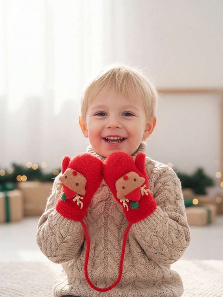 زوج من قفازات الأطفال ذات رأس الغزال الكرتوني لعيد الميلاد، قفازات بلا أصابع دافئة مع وشاح، للخريف/الشتاء - 1Pair - مشاهدة 1