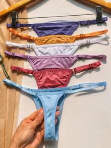 Set Of 5 Thong Panties With Adjustable Straps, Seamless, Polyester, 100% Cotton Gusset, Comfortable For Everyday Wear, Lingerie, Sensual - 彩色 - 查看 6