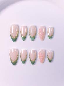 10 móng giả ngắn thủ công, kiểu Pháp, màu đỏ, xanh lá cây, đen, mắt mèo, vàng, móng dễ thương, họa tiết hoa 3D tròn thủ công và đầu móng kiểu Pháp sọc vàng bất đối xứng, trang trí bằng hạt vàng, kèm bộ dụng cụ làm móng, phù hợp cho phụ nữ và bé gái. - Màu xanh Bạc hà - Xem 3