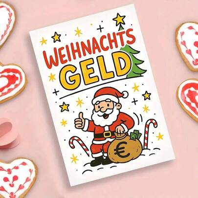 Festive German 'WEIHNACHTSGELD' Christmas Bonus Poster Featuring Jolly Santa Claus Giving Thumbs-Up With Money Sack Full Of Euro Cash - Vibrant Holiday Design With Candy Canes, Christmas Tree And Yellow Stars For Seasonal Financial Celebrations And Christmas Money Gift Traditions