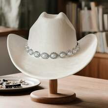 Women's Felt Cowgirl Hat Wide Brim Jazz Cap Stylish Pearl Chain Design Western Hat For Daily Life  Party - trắng - Xem 4