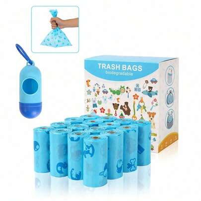 Bộ 106 túi đựng tã dùng một lần, 15 túi/cuộn, túi đựng chất thải cho em bé/thú cưng, túi đựng tã dùng hàng ngày cho em bé, túi đựng tã cho mèo, chó, thú cưng, túi đựng tã không mùi, thích hợp để trong xe hơi, với họa tiết dễ thương (Màu xanh dương)