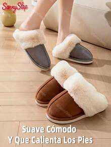 1 par zapatillas de casa para damas, diseño básico y minimalista, versátil y con ribete de pelo, perfectas para invierno, dormitorio y escenas de hogar - Caqui - Ver 2
