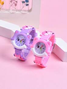 2pcs/Set Girls Cartoon Cute Winking Cat Soft Silicone Strap Children's Pointer Watch, Student Creative Animal Pattern Quartz Wristwatch - Multicolor - View 9