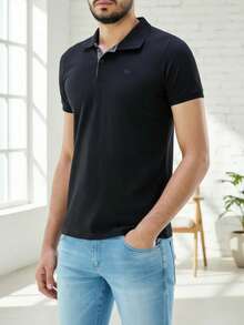 Ogochi Men's Basic Plain Polo Shirt With Logo, No Pocket, Original - 黑色 - 查看 2