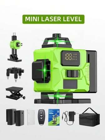 16 线 360° 激光水平仪高配置套装 | 高精度可充电锂电池，亮度可调，触摸控制，护眼，对角线功能 | 全套配件，含 2 块电池、遥控器和三脚架