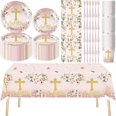 151 PCS First Communion Party Decoration, Pink God Bless Party Tableware Set Includes 60 PCS Plates, 30 PCS Napkins, 30 PCS Cups, 30 PCS Forks And 1 Tablecloth, Serves 30 Guests