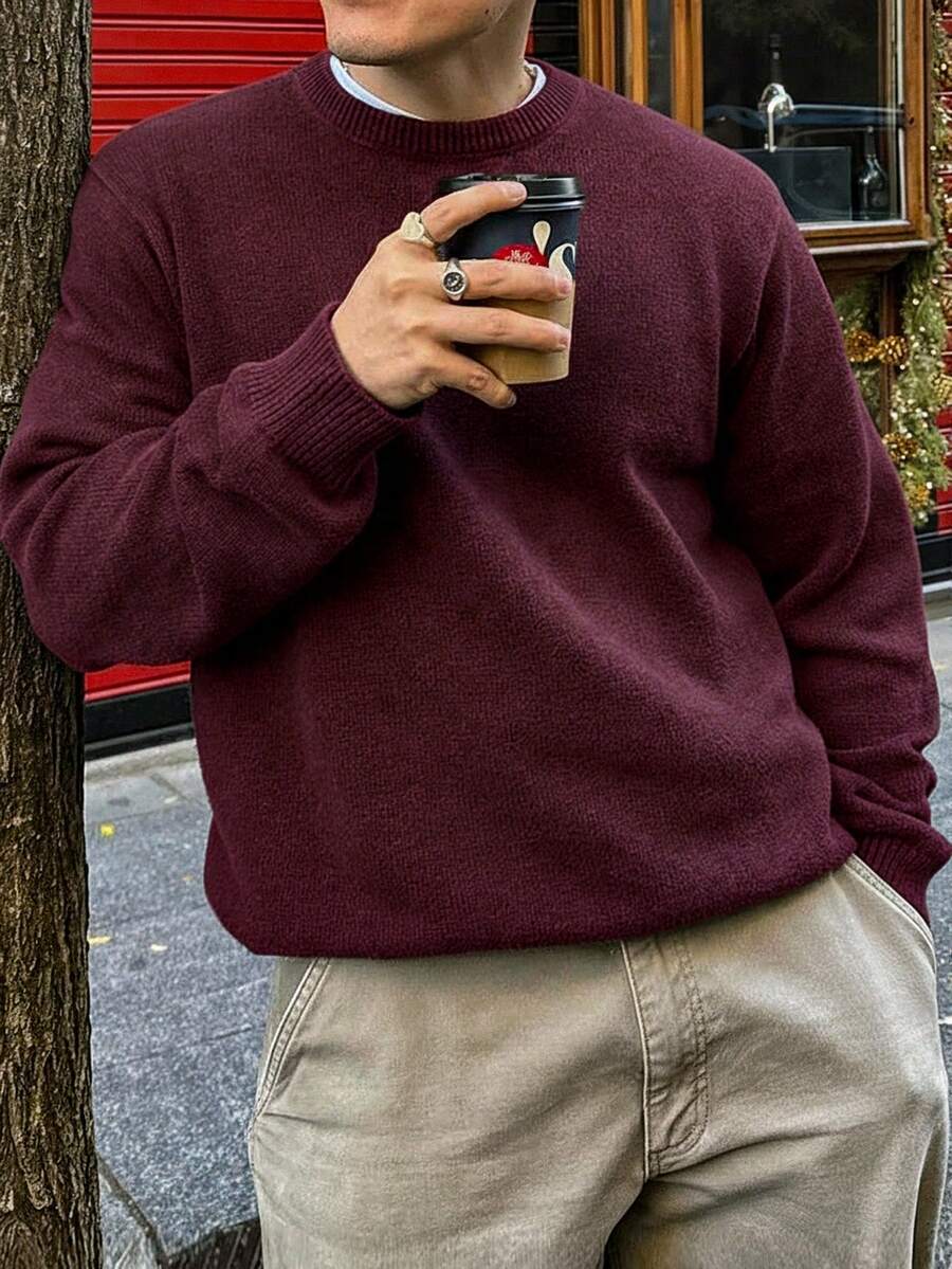 男士休闲宽松简约通勤高端日常百搭纯色针织长袖圆领套头毛衣,秋冬款 - 酒紅色 - 查看 1