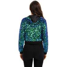 Women's Sequin Zip-Up Hooded Jacket With Ribbed Hem And Long Sleeves For Party Wear - Green - View 2