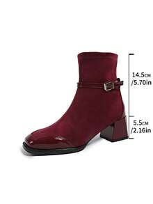 French Square Toe Chunky Heel Boots For Women, New Autumn/Winter French Style Ankle Boots With Velvet Patchwork, High-End Slim Boots, Elegant - Burgundy - View 6