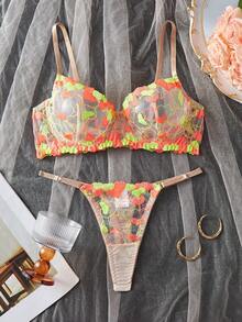2pcs/Set Cute Heart Embroidery Patchwork Underwire Sexy Women's Lingerie Set - Multicolor - View 2