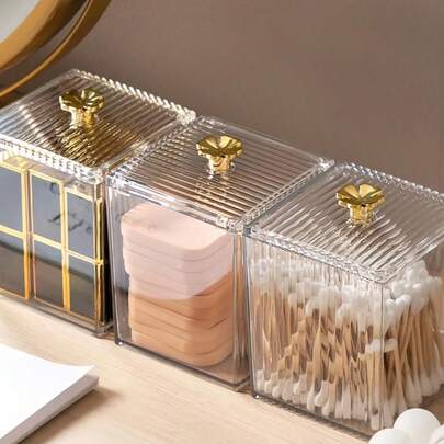 1/2/3 Hộp đựng mỹ phẩm bằng acrylic trong suốt cao cấp - Nắp đậy chống bụi & Thiết kế có thể xếp chồng để đựng mút trang điểm/bông vệ sinh/son môi/dây buộc tóc, Hộp đựng đồ trang điểm tối giản trên mặt bàn trang điểm, Hộp đựng tất Giáng sinh 2025 dành cho tín đồ làm đẹp