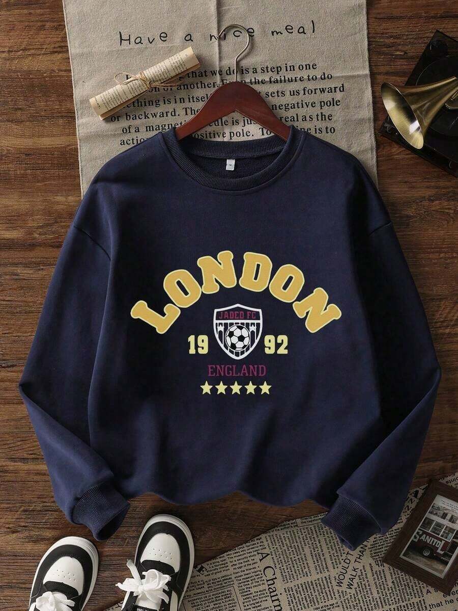 2026 New Arrival Women's Crew Neck Sweatshirt, Spring & Autumn Casual Colorblock & English Print Design, Versatile Daily Streetwear Top, Casual Outfit - 海軍藍 2 - 查看 1