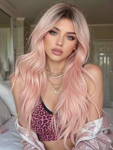 24英寸Ava假发，合成耐热假发，深色发根搭配灰粉色卷发，适合注重时尚的女性日常佩戴、派对、角色扮演、万圣节等场合，外观自然，朋克街头风，精致的节日礼物，女孩的理想之选。 - 藕粉色 - 查看 3