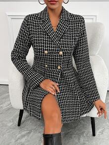 Women's Elegant French Plaid Notched Collar Double-Breasted A-Line Dress, Polyester, Button Detail, Autumn/Winter Fashion, Adult Size, Woven Fabric