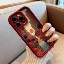 Cubierta de teléfono con diseño de paisaje desértico rojo y atardecer para iPhone 14 Pro Max color negro con estampado de cañón y sol naranja ideal para uso diario y viajes - Negro - Ver 6