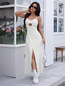 REF:AS1826 - Long Dress With Thin Straps And Front Slit: Elegance And Sensuality In The Same Look - White - View 6
