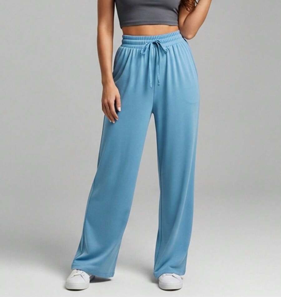 Wide Leg Pants With Flare Leg, Sophisticated Fit, Structured Style, High , Contemporary, Casual, Comfortable, Modern, Chic - 淺藍色 - 查看 1