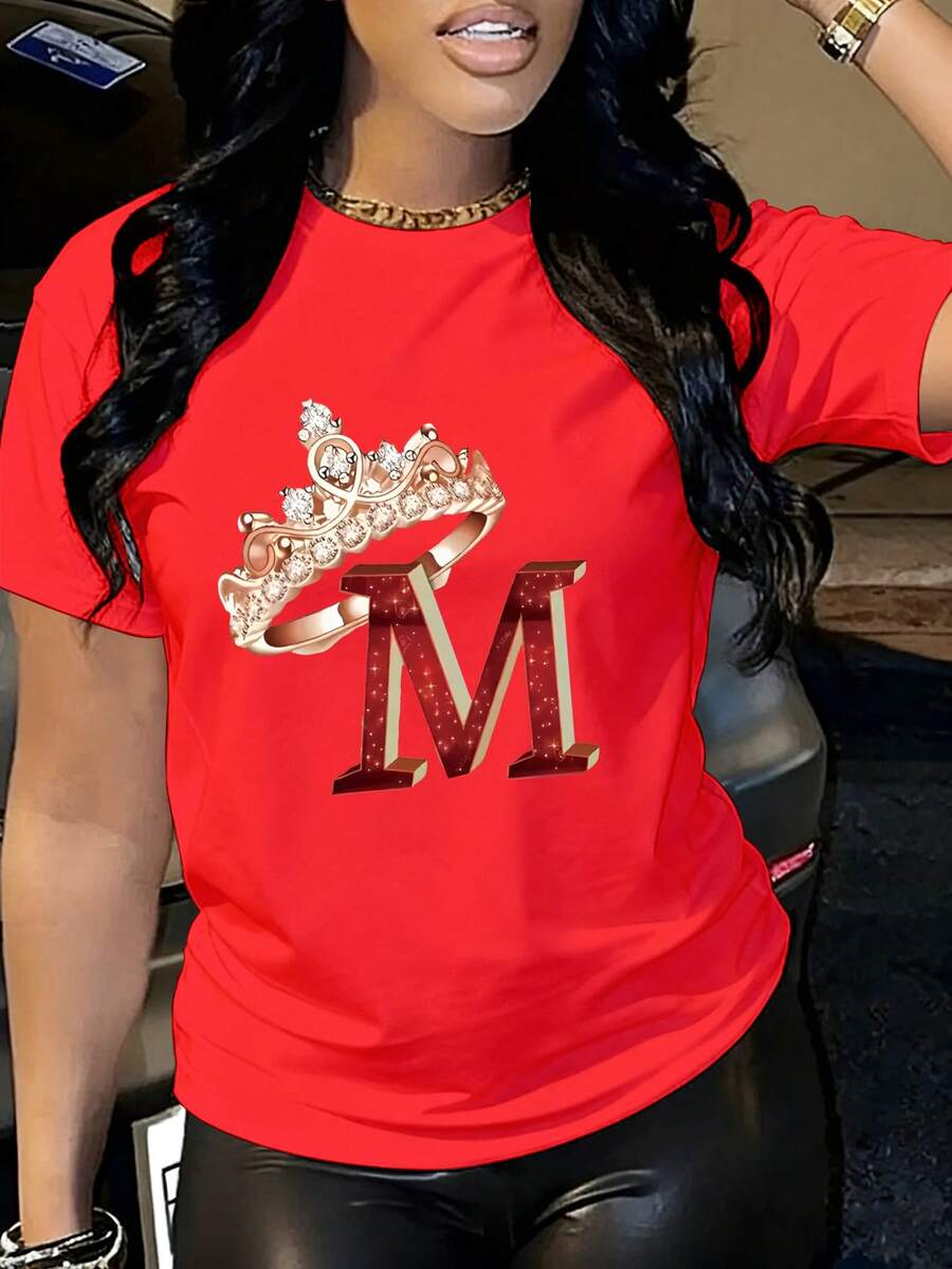 Manga corta, camiseta impresa en corona, camiseta de mujer casual, cuello redondo, ropa de mujer casual cómoda y de moda - Rojo - Ver 1