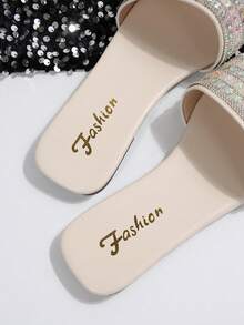 Sandale de plajă cu strasuri, papuci de plajă ușori, stil coreean, de lux, pentru femei, sandale de vară, casual, antiderapante, mărime extra mare, sclipici, la modă pentru interior și exterior - Bej - Vizualizare 10