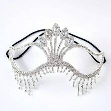 Máscara de Strass com Borla, Máscara de Luxo Totalmente Enfeitada com Strass e Penas, Acessório para Festa de Mascarada