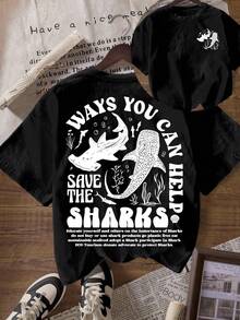 Women's Pure Cotton Short-Sleeve T-Shirt With Double-Sided Printed Pattern, Save The Sharks, Skin-Friendly, Soft And Comfortable, A Must-Have For Vacation Travel, Ideal For Gifting - 黑色 - 查看 1