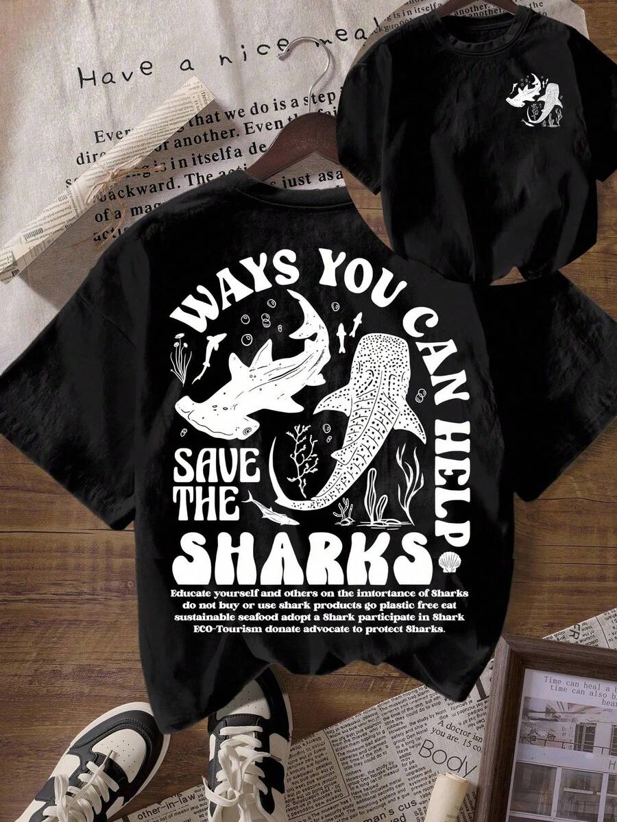 Women's Pure Cotton Short-Sleeve T-Shirt With Double-Sided Printed Pattern, Save The Sharks, Skin-Friendly, Soft And Comfortable, A Must-Have For Vacation Travel, Ideal For Gifting - 黑色 - 查看 1