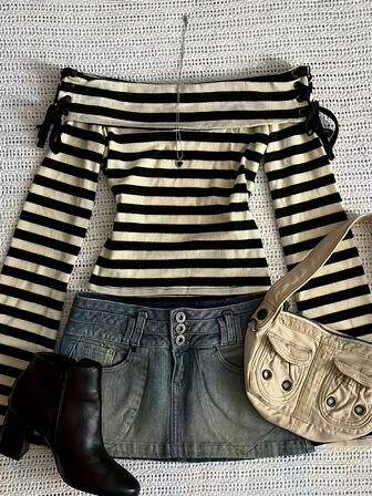 女士长袖时尚条纹拼接抽绳露肩上衣