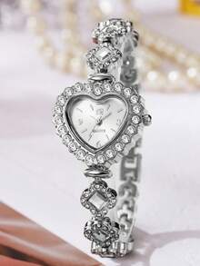 1 pièce Montre à quartz de luxe mode femme avec cadran étoilé en forme de cœur, petite taille avec strass, convient pour le port quotidien et les fêtes