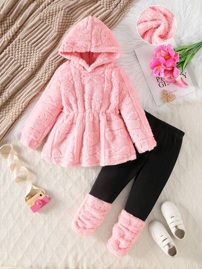 2pcs Girls Autumn/Winter Set: Bear Print Fleece Hoodie + Pleated Hem Fleece Pants, Soft & Comfortable Fabric, Suitable For Casual Daily Wear, Outdoor Play Or Special Occasions Like Christmas