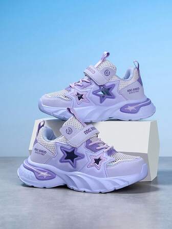 Girls' Fashionable Breathable Mesh Hollow Five-Pointed Star Lightweight Soft Sole Elastic Durable Hook And Loop Outdoor Sports Shoes