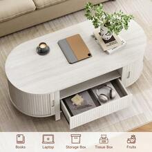 ONBRILL White Oval Coffee Table, 47 Inch Fluted Coffee Tables With Cabinets & Sliding Doors, Mid-Century Modern Living Room Tables, Center Table With Storage And Wood Handle For Living Room, Home Small Space - White - View 3
