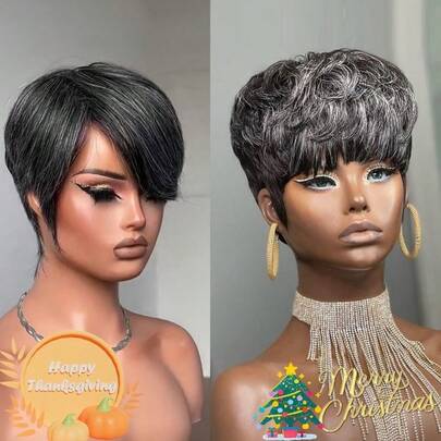 Short Wig For Women Human Hair Salt And Pepper Short Wigs For Black Women 34# Layered White Black Mixed White Color Pixie Cut Wig For White Women Layered Wigs With Bangs None Lace Front Full Machine Made Wig Easy To Wear Human Hair Grey Wig For Thanksgiving Day,Christmas,Daily Use