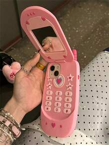 1pc Korean Cute 3D Hot Pink Big Cellphone Model Flip Mirror Silicone Phone Compatible With 16 15 14 13 12 Pro 11 Shockproof Soft Cover - 粉色 - 查看 2