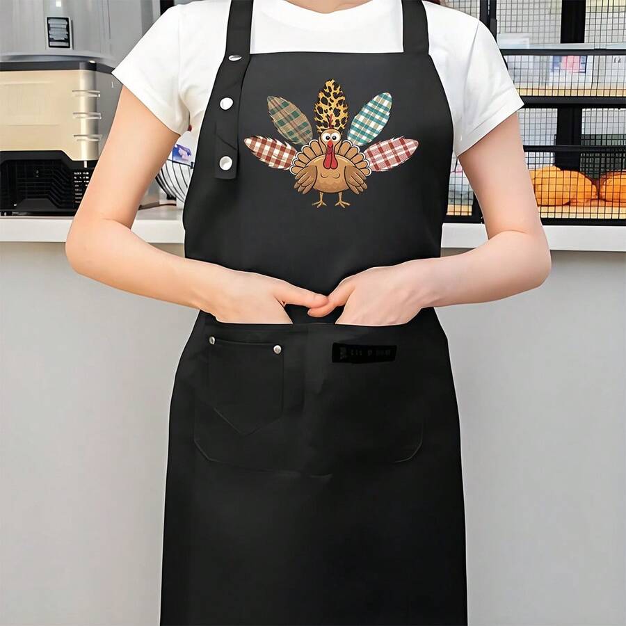 Single-Piece, Thanksgiving Turkey Pattern, Thanksgiving Elf Theme, Thanksgiving Happy Print Apron – Features An Adjustable Front Panel And Large Capacity Pocket, Suitable For Home Cooking, Restaurants, Food Trucks, Aprons, And Food Service Attire - AZX0001 - Xem 1