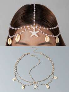 1件女士时尚简约金属链水钻几何圆环项链，镶嵌贝壳多层流苏头饰，几何链贝壳额链，派对礼物（手工制作，链长可定制，水钻数量不定） - 金色 - 查看 11