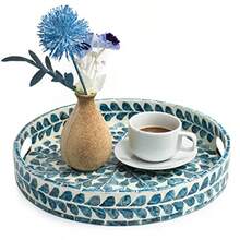 Round Wooden Marble Serving Tray With Handles 12.5 Inch Lacquer Mother Of Pearl Inlay Mosaic Design Leaf Style Tray For Tea And Breakfast Elegant Decorative Tableware For Home Dining And Gift Use - 葉子樣式 - 查看 1