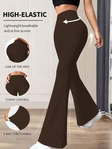 Quần ống loe cạp cao mùa hè dành cho nữ, quần legging yoga bó sát màu trơn, quần thể thao nén thoải mái hàng ngày. - màu nâu - Xem 1