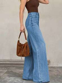 Women's Casual Loose Straight Leg Jeans, Button And Zipper Detail Design, Mid-Rise Medium Stretch Fabric